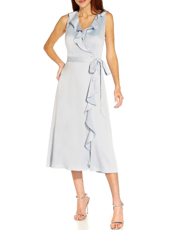 Trumpet sleeve midi dress-Womens Satin Midi Wrap Dress