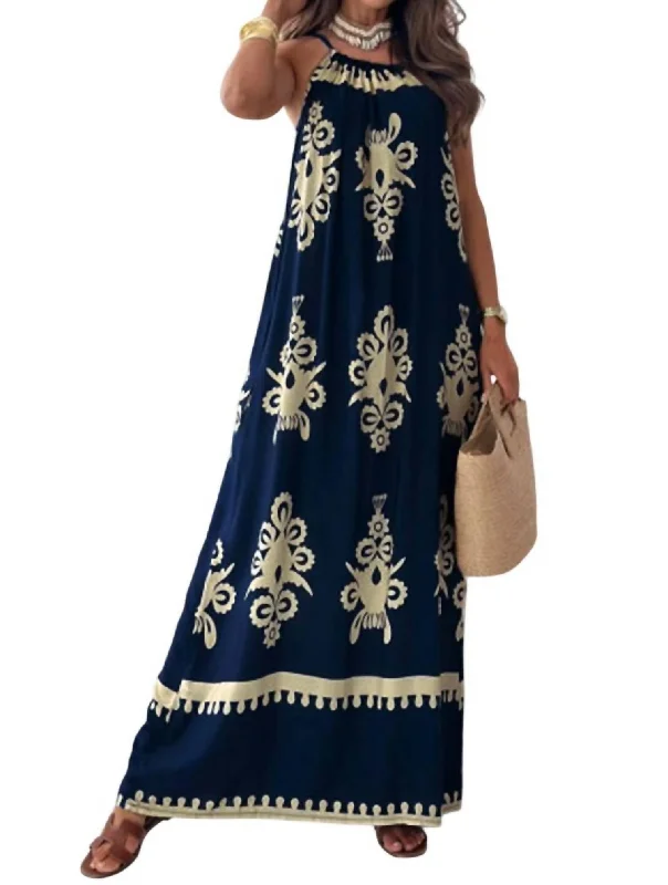 Shimmer maxi dress-Tina Abstract Patterned Maxi Dress In Navy