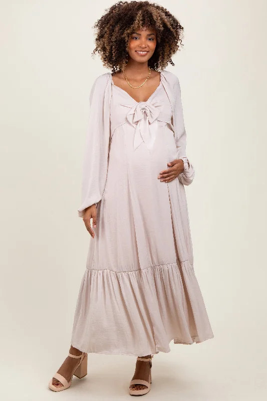 Maxi dress with embroidered bodice-Beige Bow Satin Maternity Maxi Dress