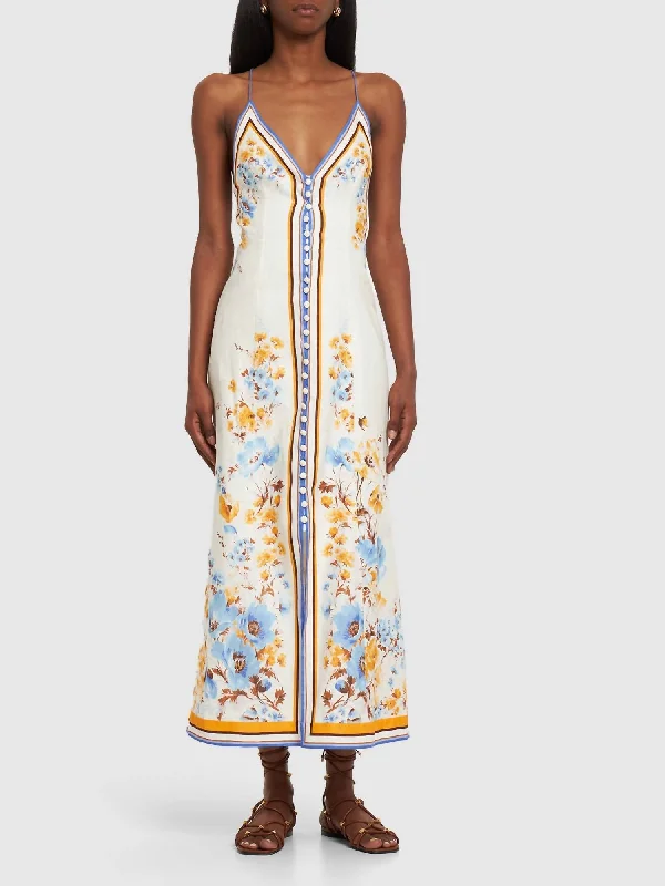 Maxi dress with cowl neck-Halcyon Printed Linen Maxi Slip Dress In Orange/blue Floral