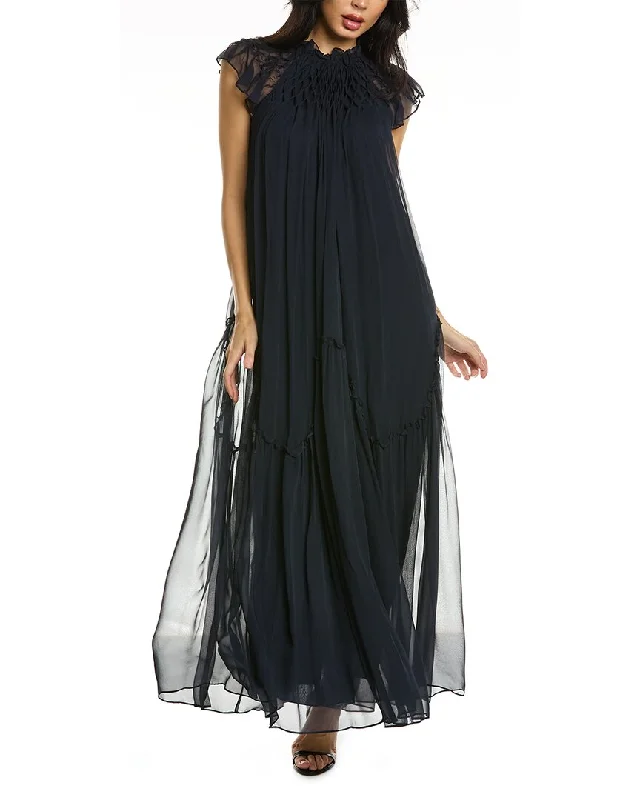 Cap sleeve maxi dress-Rebecca Taylor Smocked Chiffon Silk Maxi Dress