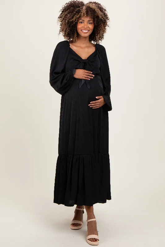 Maxi dress with braided belt-Black Bow Satin Maternity Maxi Dress