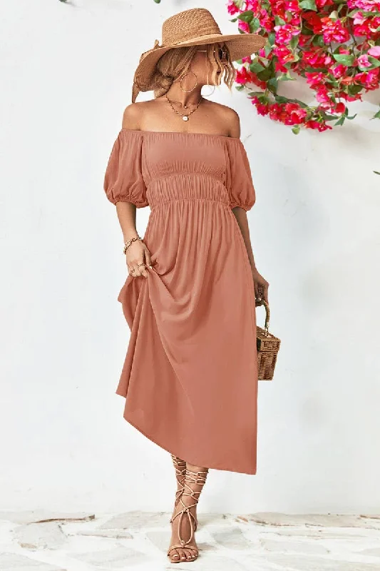 Maxi dress with tiered layers-A STRAIGHT SHOULDER SHORT SLEEVE LONG DRESS_CWDMD1212