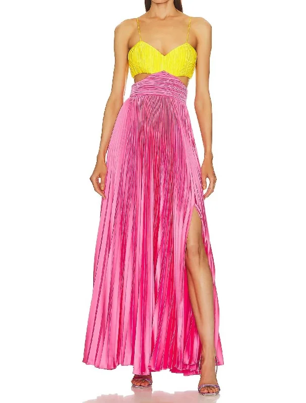 Maxi dress with drawstring waist-Gorgeous Satin Pleated Maxi Dress In Yellow Tag & Calla Lily