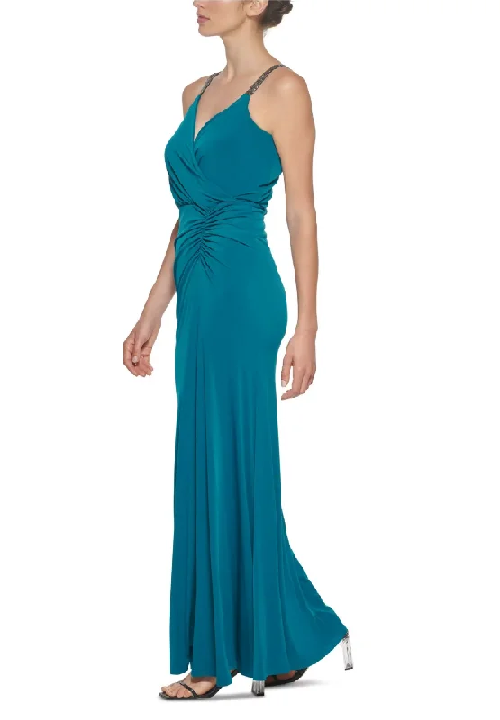 Maxi dress with floral applique-8 - calvin klein teal ruched embellished strap maxi dress