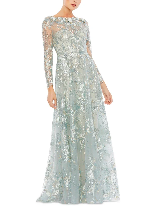 Maxi dress with cowl neck-Womens Embroidered Maxi Evening Dress