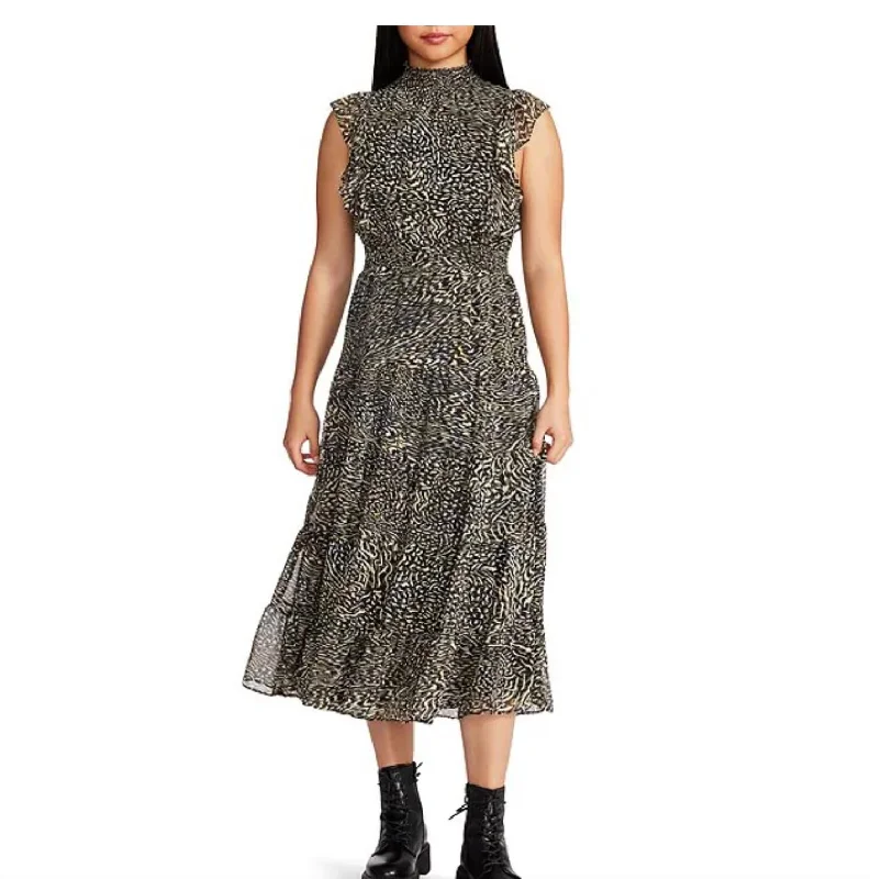 Casual chic midi dress-Anna Animal Print Mock Neck Ruffle Cap Sleeve A-Line Midi Dress In Black