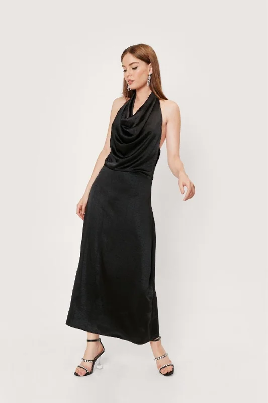 Chic maxi dress with tie back-Slinky Cowl Neck Backless Maxi Dress