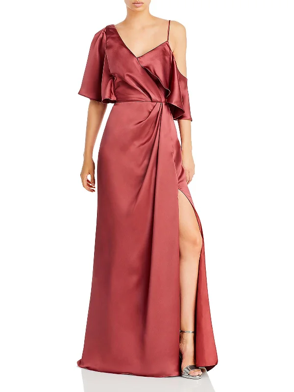 Maxi dress with bell cuffs-Womens Satin Maxi Evening Dress