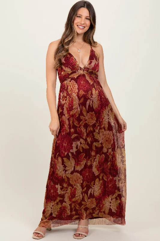 Casual summer maxi dress-Burgundy Floral Deep V-Neck Back Cutout Maternity Maxi Dress