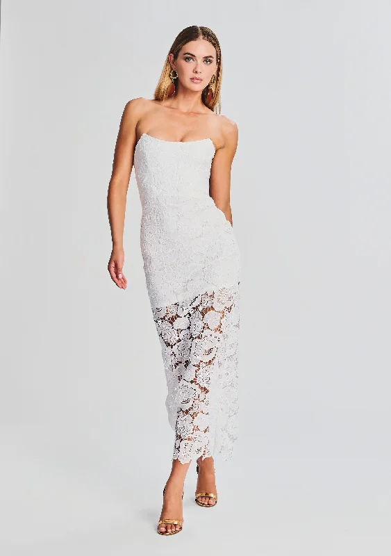 Maxi dress with sheer panels-Eliza Lace Strapless Maxi Dress