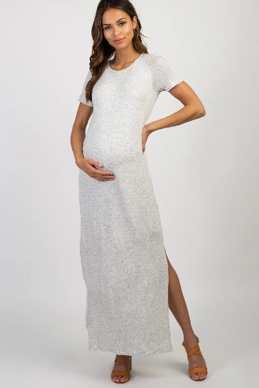 Maxi dress with illusion back-PinkBlush Grey Basic Side Slit Maternity Maxi Dress