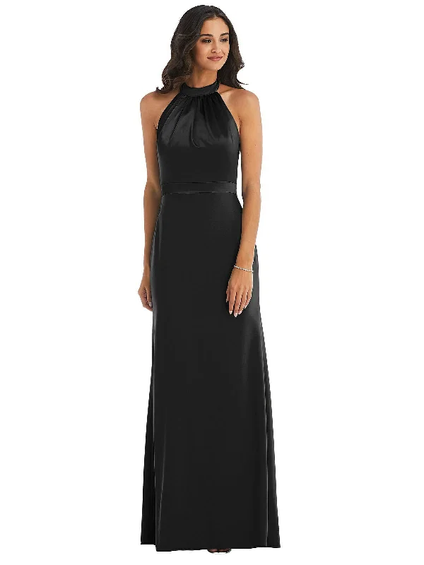 Maxi dress with feather trim-High-Neck Open-Back Maxi Dress with Scarf Tie