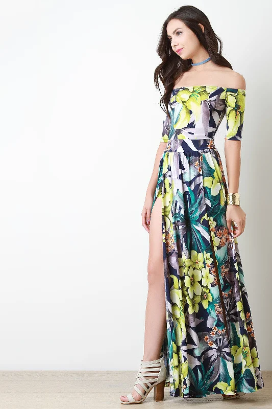 Maxi dress with tulip hem-Off The Shoulder High Slit Floral Maxi Dress