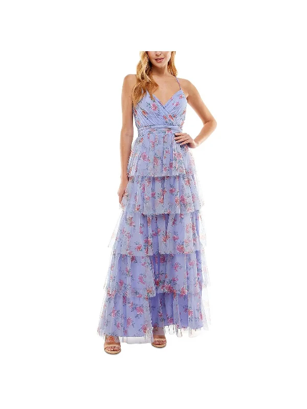 Maxi dress with puff sleeves-Juniors Womens Tiered Maxi Evening Dress