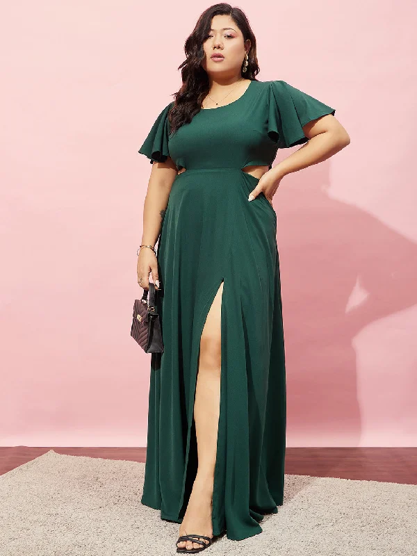 Maxi dress with trumpet sleeves-Berrylush Women Plus Size Solid Green Round Neck Flutter Sleeve Back Cutout Thigh-High Slit Flared Maxi Dress