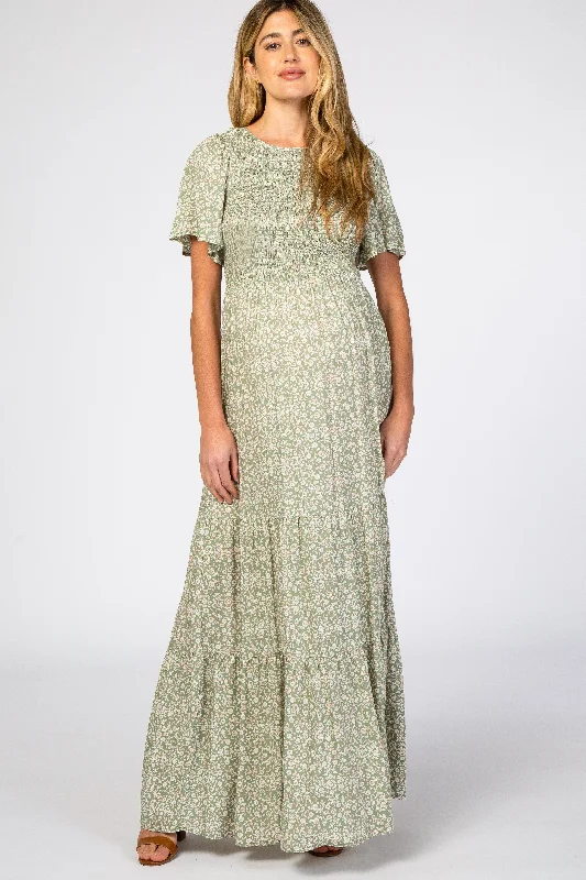 Maxi dress with bow detail-Light Olive Floral Smocked Front Pleated Hem Maternity Maxi Dress