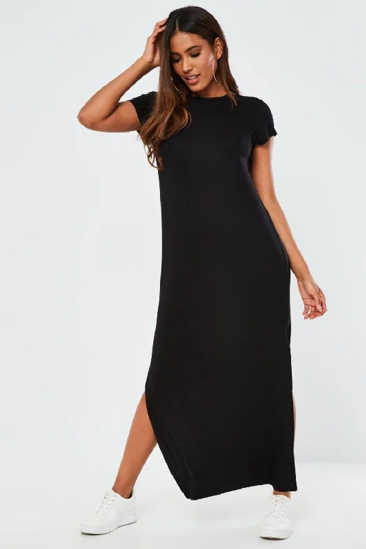 Bardot maxi dress-Black double split t shirt maxi dress