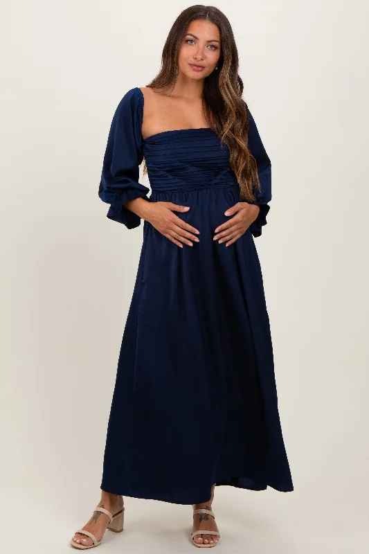 Pleated maxi dress-Navy Off Shoulder Satin Pleated Bodice Maternity Maxi Dress