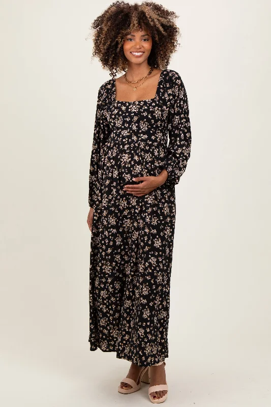 Maxi dress with floral motifs-Black Floral Square Neck Long Sleeve Maternity Maxi Dress