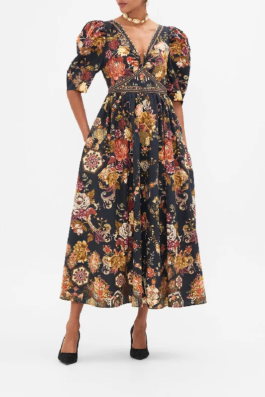 Maxi dress with puff sleeves-PUFF SLEEVE LONG DRESS WITH HARDWARE STITCHED IN TIME