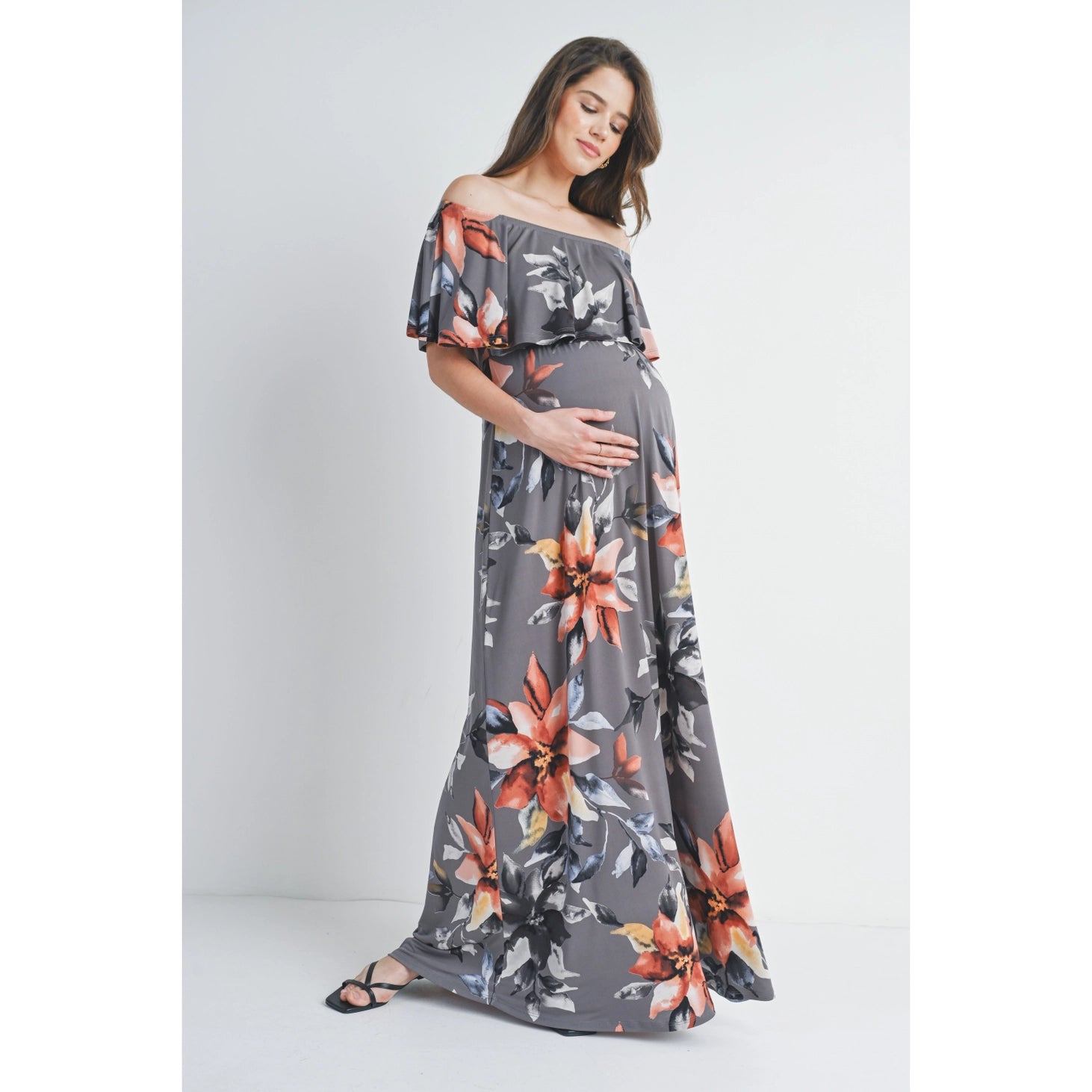 Peasant style maxi dress-Floral Off The Shoulder Maxi