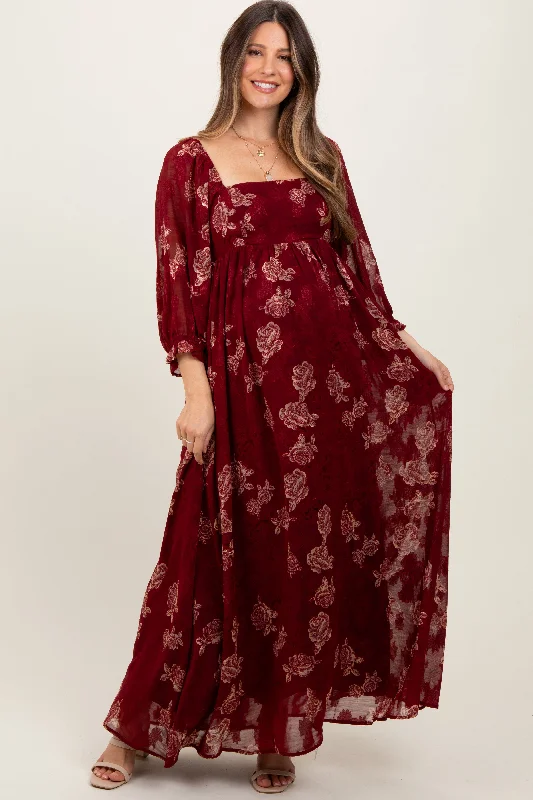 Sequin maxi dress-Burgundy Multi Floral Textured Peasant Babydoll Maxi Dress