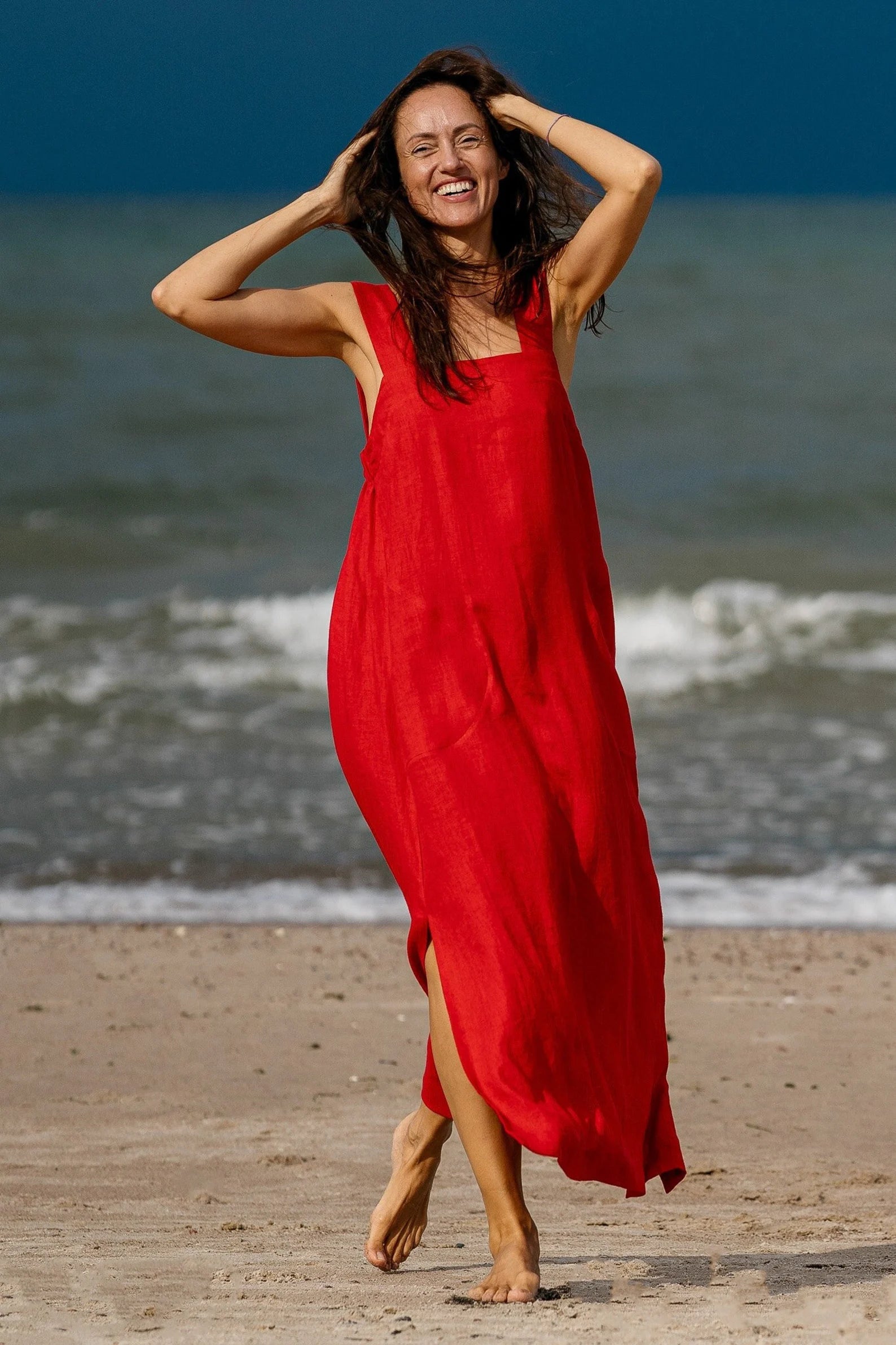 Maxi dress with bell cuffs-Linen Strap MAXI Dress ADELE In Red