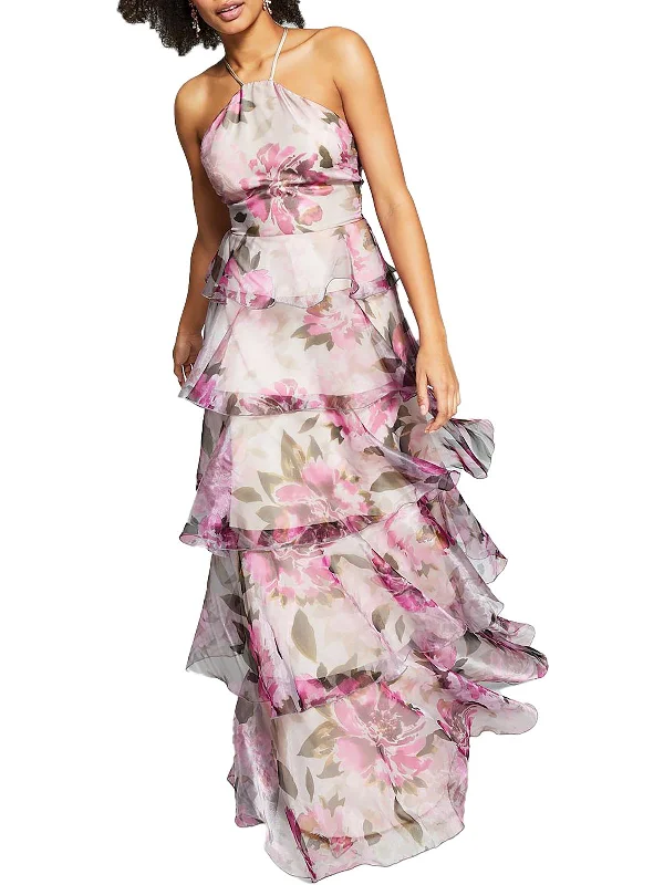 Maxi dress with statement sleeves-Juniors Womens Floral-Print Maxi Evening Dress