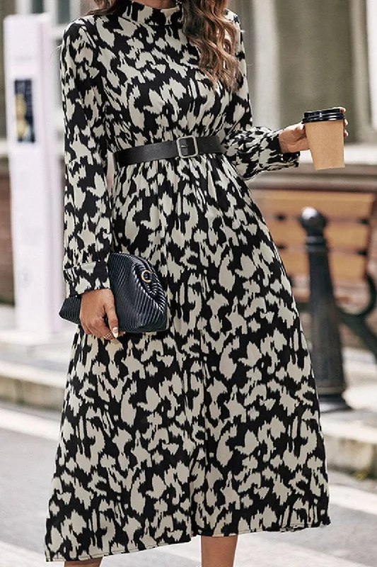 Casual maxi dress-WOMEN HIGH NECK LONG SLEEVE LEOPARD MAXI DRESS