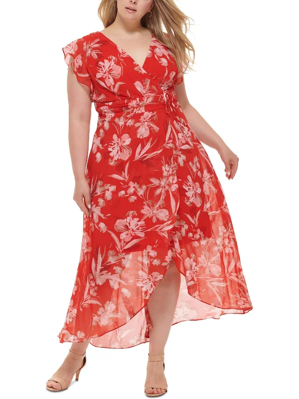 Maxi dress with lace overlay-Plus Womens Chiffon Floral Maxi Dress