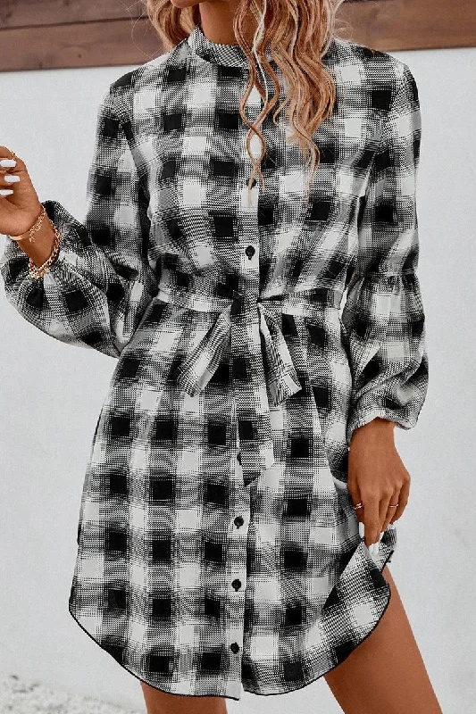 Maxi dress with wrap design-HIGH NECK PLAID BALLOON LONGSLEEVE DRESS SHIRTS