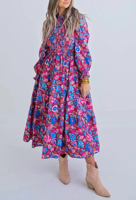 Floral embroidered maxi dress-London Floral Maxi Dress in Magenta