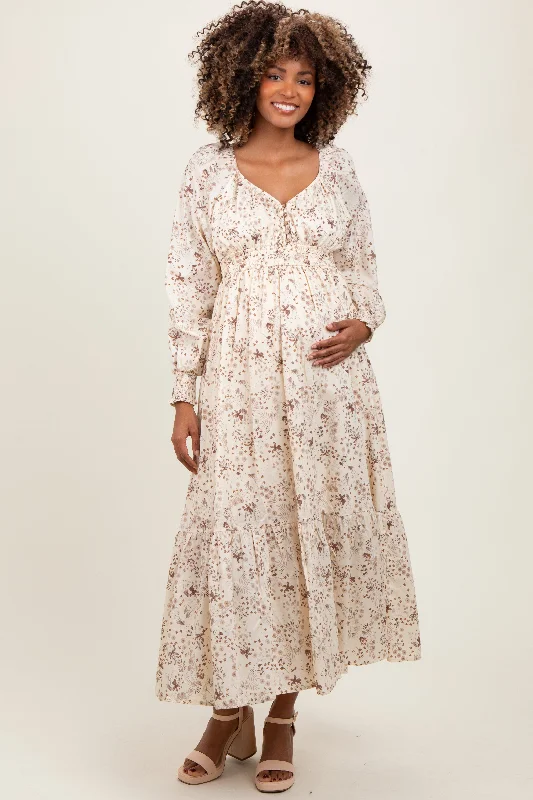 Maxi dress with fringe details-Cream Raglan Sleeve Floral Button Maternity Maxi Dress