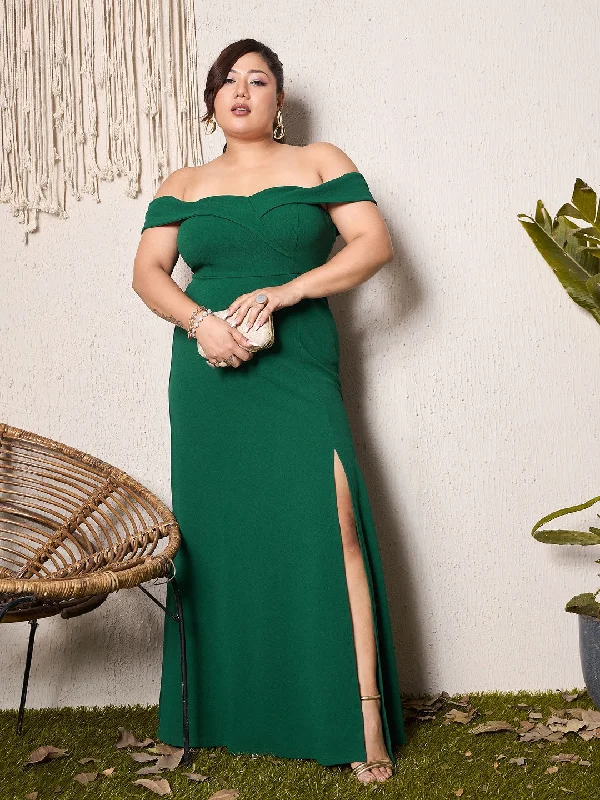 Maxi dress with sheer panels-Berrylush Curve Women Green Solid Off-Shoulder A-Line Front Slit Maxi Dress