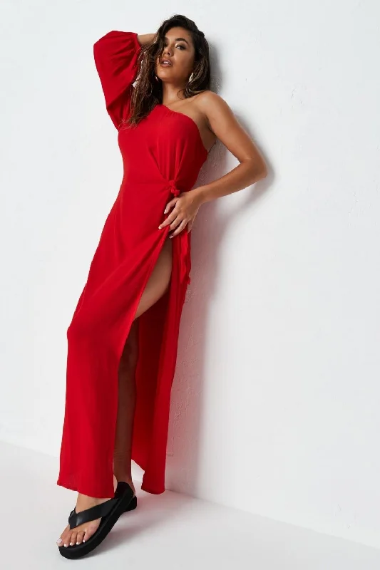 Sweetheart neckline maxi dress-Knot Detailed At The Waist Slit Red Maxi Dress