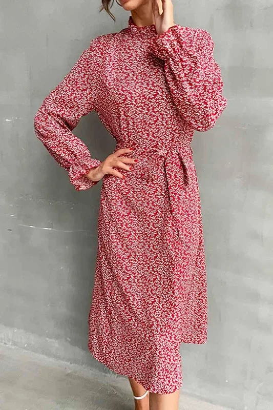 Floral embroidered maxi dress-FLORAL HIGH NECK FRILL RIBBED LONGSLEEVE DRESS