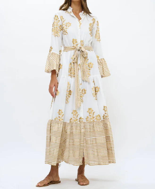 Maxi dress with feather trim-Ruffle Collar Bell Maxi In Gold Jakarta