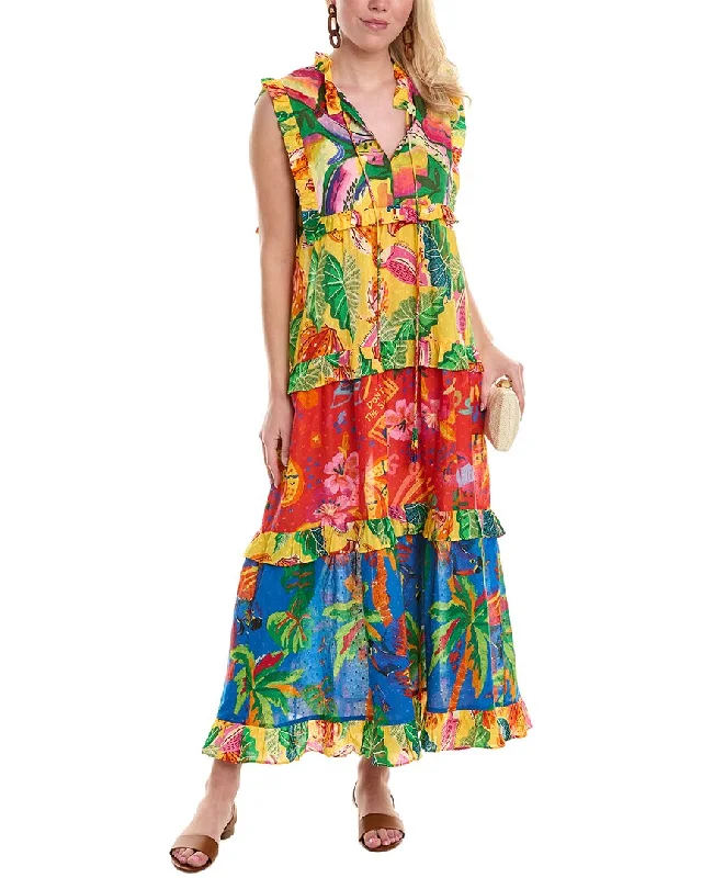 Off-shoulder maxi dress-FARM Rio Mixed Prints Tiered Maxi Dress