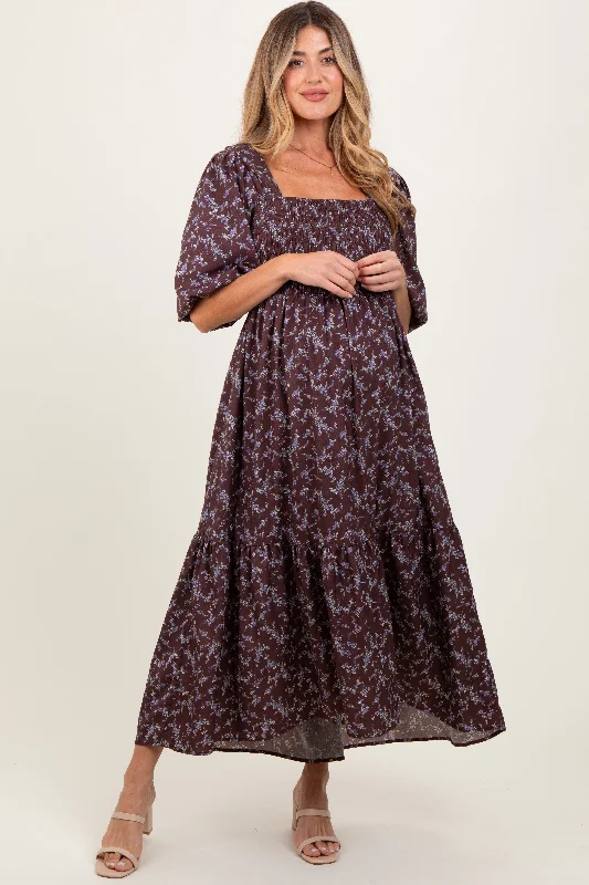 Tulle maxi dress-Plum Floral Smocked Hi-Low Puff Sleeve Maternity Maxi Dress