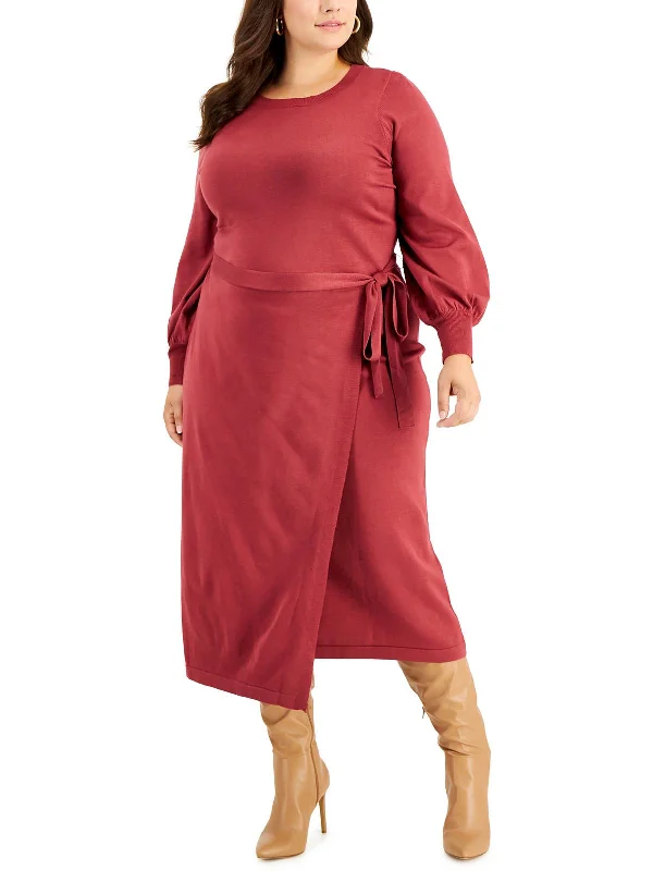 Peasant style maxi dress-Plus Womens Faux Wrap Long Sweaterdress