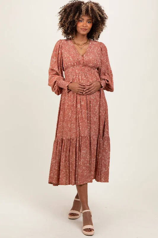 Maxi dress with braided straps-Mauve Floral Button Maternity Maxi Dress