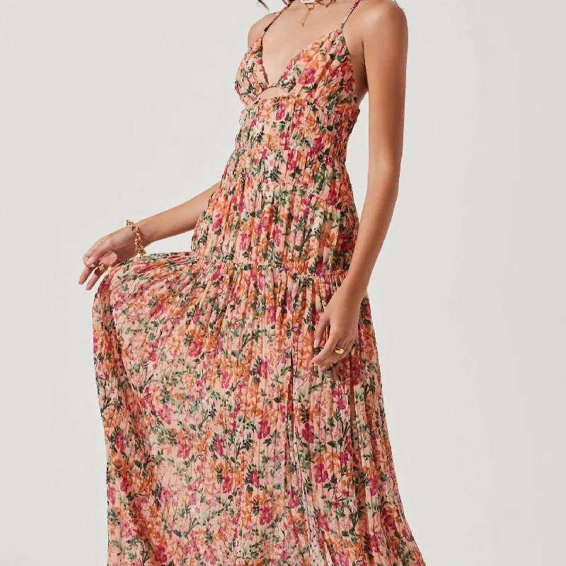 Chic maxi dress for events-Tropics Plunge Neck Open Back Maxi Dress In Peach Fuchsia Floral