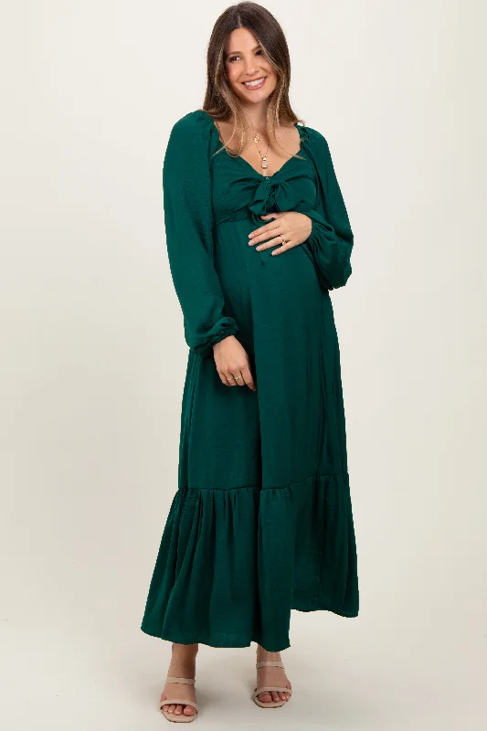 Ruffled hem maxi dress-Emerald Bow Satin Maternity Maxi Dress