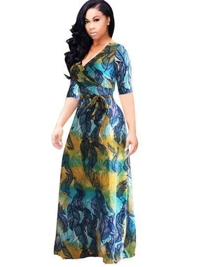 Maxi dress with drawstring waist-Floral Dress V Neck Plus Size Maxi Dress