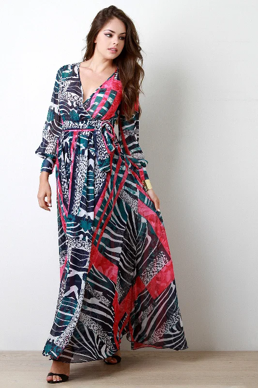 Maxi dress with floral applique-Multipattern Animal Print Chiffon Maxi Dress