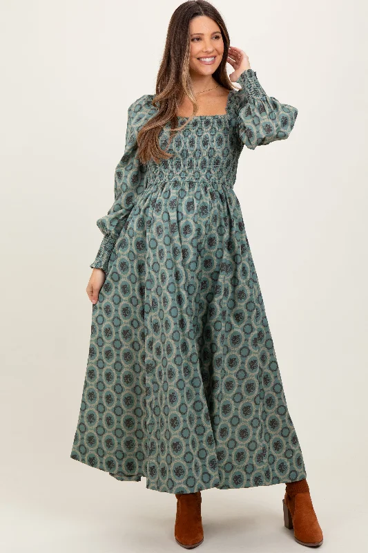 Maxi dress with tulip skirt-Olive Smocked Printed Square Neck Maternity Maxi Dress