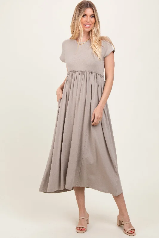 Maxi dress with trumpet sleeves-Taupe Ruffle Trim Maxi Dress