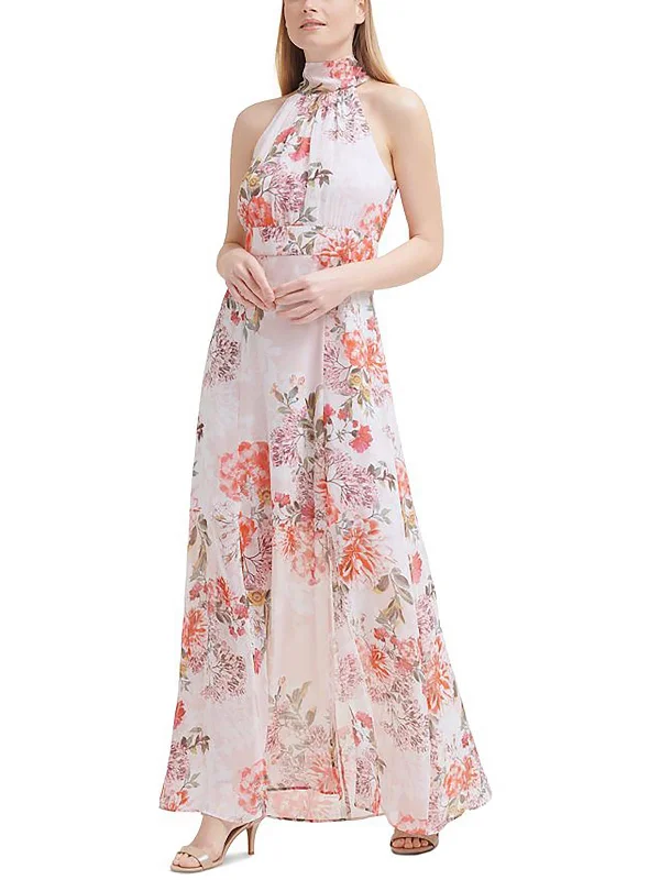 Casual summer maxi dress-Womens Floral Maxi Halter Dress