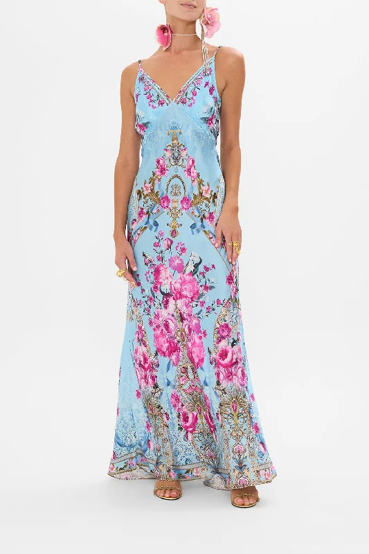 Bohemian style maxi dress-V NECK LONG BIAS SLIP DRESS WITH TRAIN DOWN THE GARDEN PATH